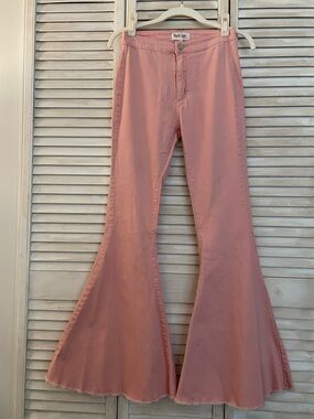 Peach Love California High-Waist Pink Bellbottom Flare Jeans with Distressed Hem